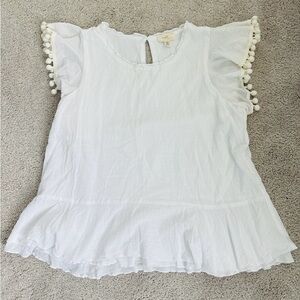 Cupio Lined White Short Sleeve Pom-Pom Sleeve- Ruffle Bottom Blouse Size L